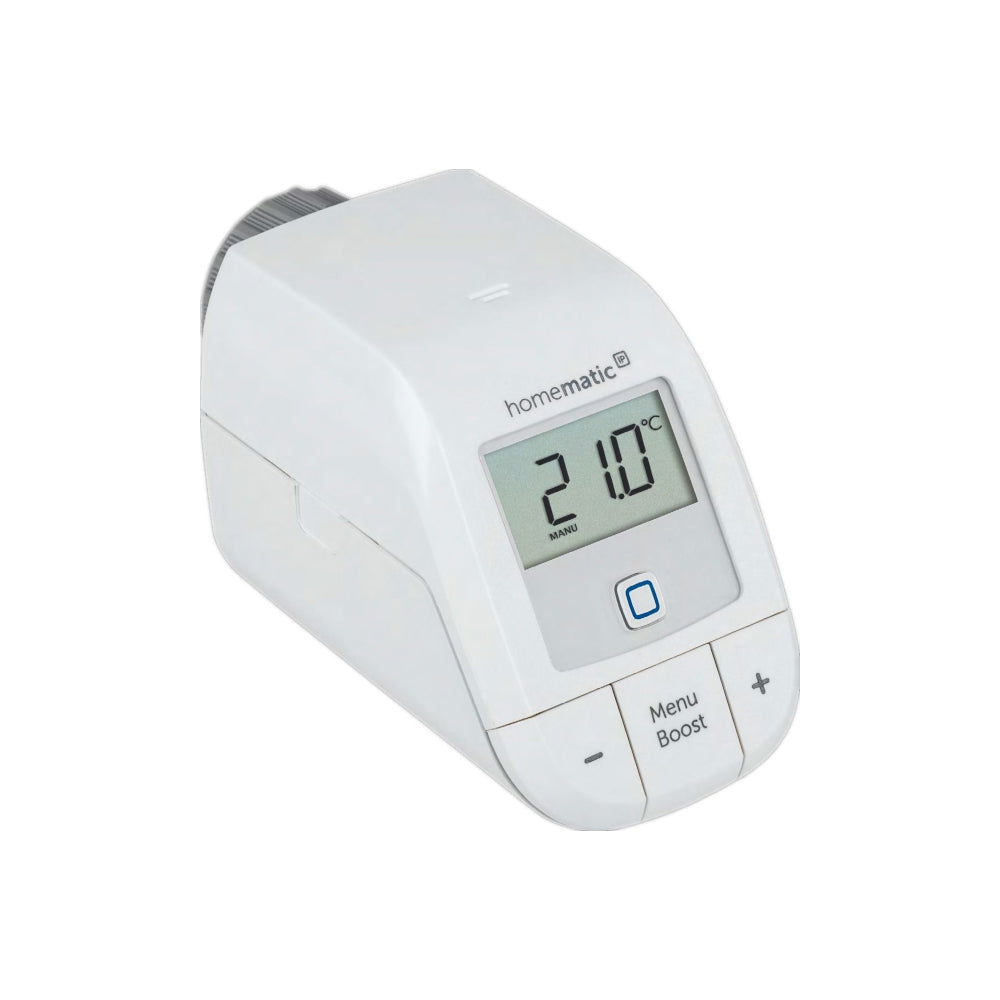 Homematic IP Heizkoerperthermostat weiss mit Display 21,0 Grad, Taste Menu Boost und Plus Minus| Klimaworld.com
