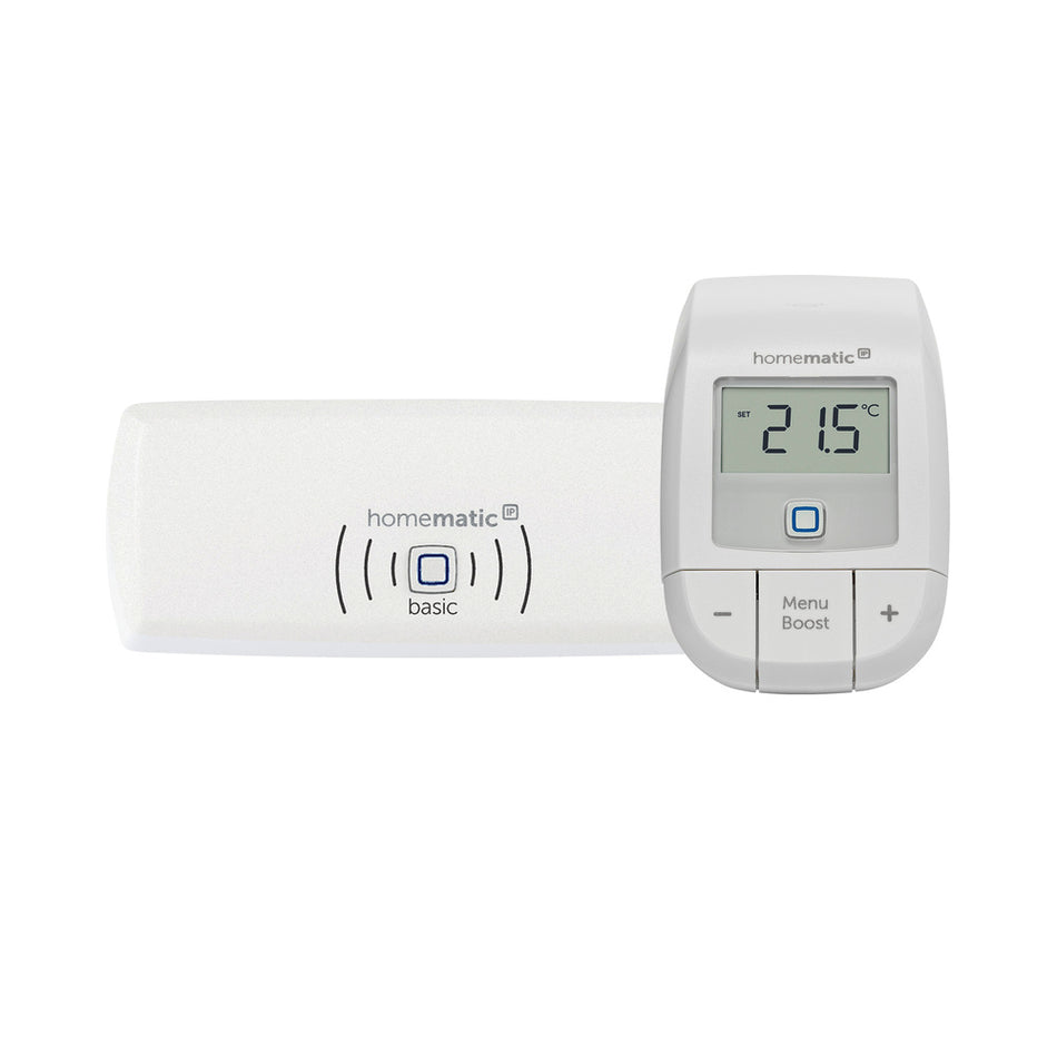 Homematic IP Starter Set Heizen Basic mit weissem Funkmodul und Thermostat mit Displayanzeige 21.5 Grad und Taste | Klimaworld.com
