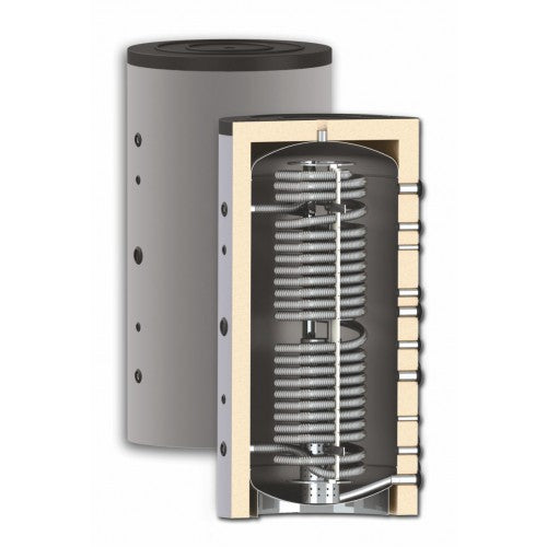 ThermoFlux Hygienespeicher im Schnitt mit integriertem Edelstahl-Waermetauscher und starker Isolierung dargestellt | Klimaworld.com