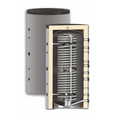 ThermoFlux Hygienespeicher im Schnitt mit integriertem Edelstahl-Waermetauscher und starker Isolierung dargestellt | Klimaworld.com