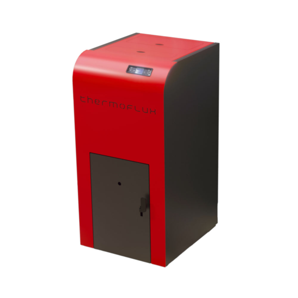 Roter ThermoFlux Pelletkessel INTERIO 18 mit schwarzer Fronttuer und Display oben auf dem Gehaeuse | Klimaworld.com
