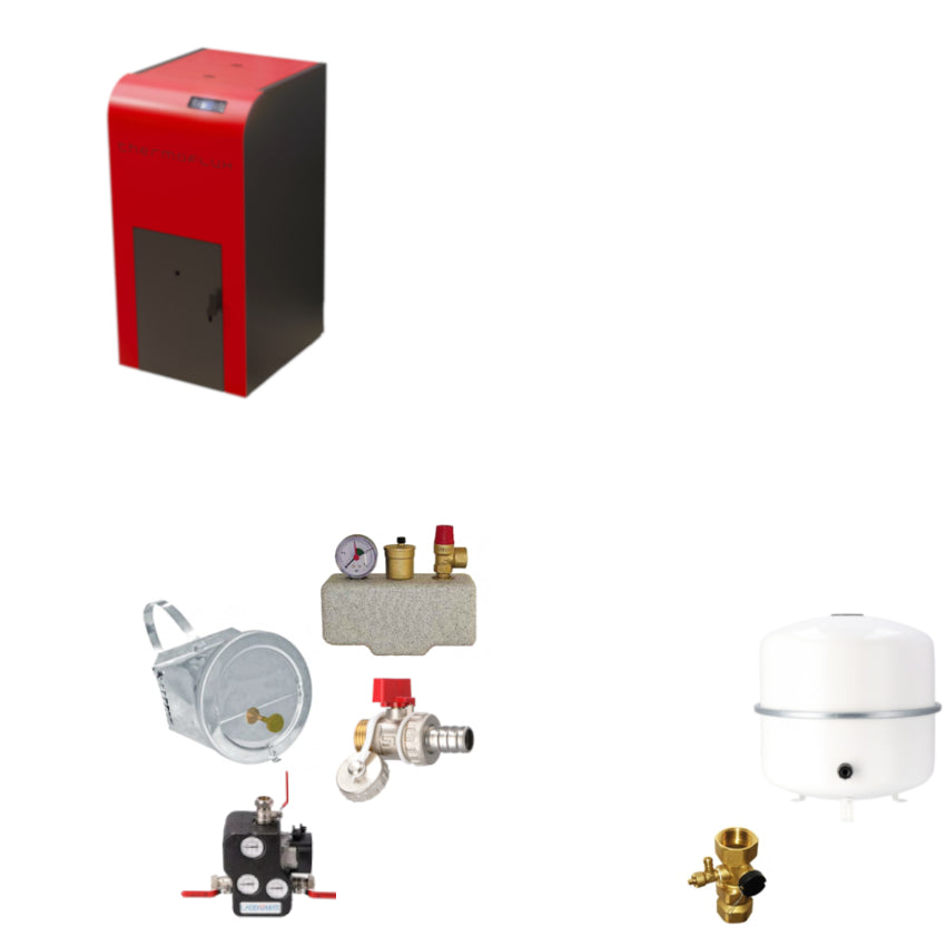 ThermoFlux INTERIO 25 Pelletkessel Set mit Zugbegrenzer, Sicherheitsgruppe, Ruecklaufanhebung, Ausdehnungsgefaess und Ventil | Klimaworld.com