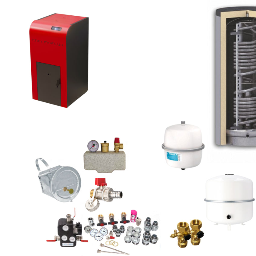 ThermoFlux INTERIO 25 Heizungsset mit Pelletheizung, Hygienespeicher, Ausdehnungsgefaessen, Ventilen, Pumpen und Montagematerial | Klimaworld.com