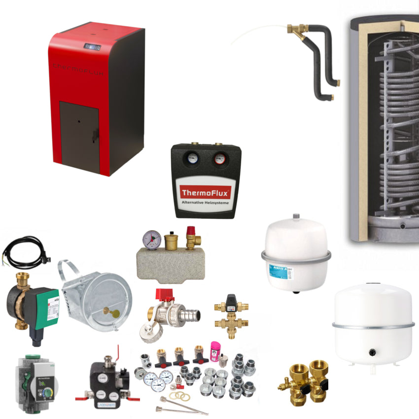 ThermoFlux INTERIO 18 Heizsystem-Set mit Pelletkessel, Pufferspeicher, Pumpengruppe, Ventilen, Ausdehnungsgefaessen und Zubehoer | Klimaworld.com