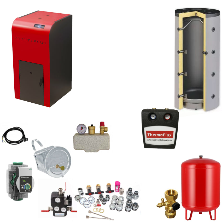 ThermoFlux INTERIO 24 Heizsystem Set mit Pelletkessel, Pufferspeicher, Pumpengruppe, Ausdehnungsgefaess und Montagezubehoer | Klimaworld.com