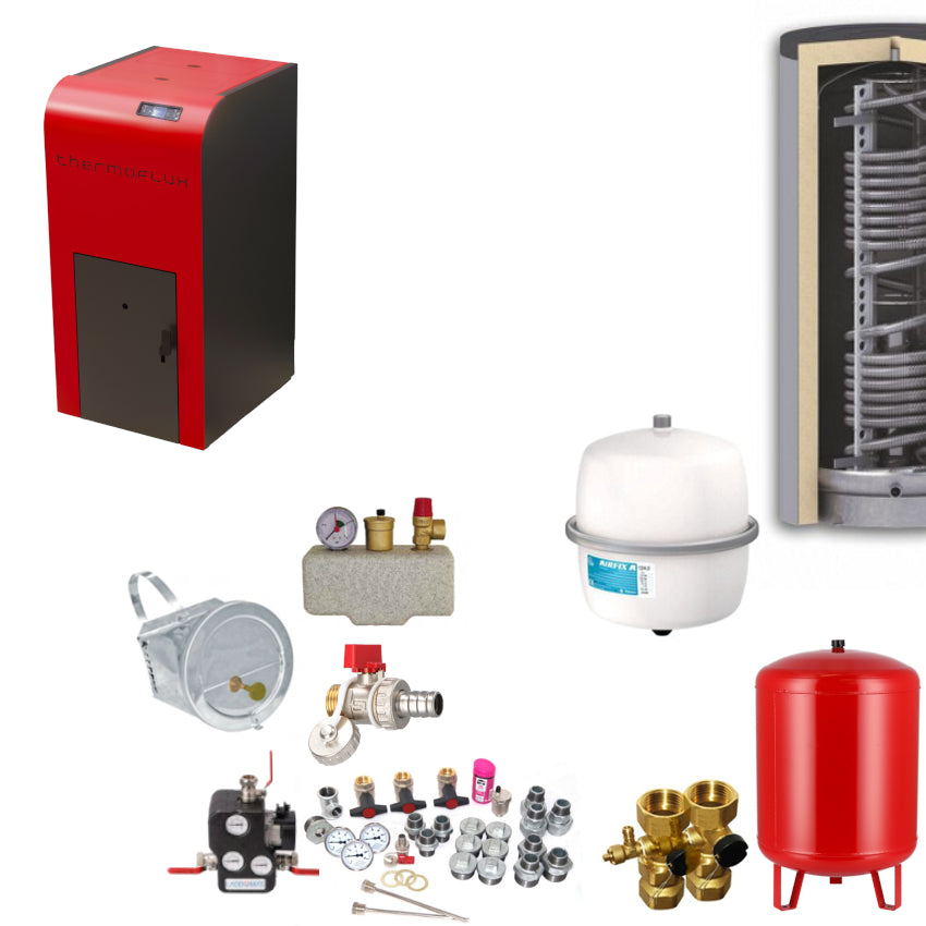 ThermoFlux INTERIO 24 Heizungsset mit Pelletheizung, Hygienespeicher, Ausdehnungsgefaessen, Ventilen, Pumpen und Montagematerial | Klimaworld.com