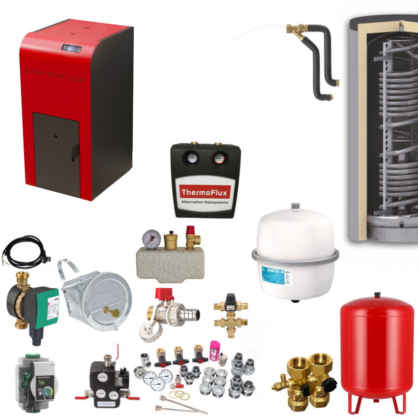 ThermoFlux INTERIO 24 mit 24 kW Heizsystem-Set mit Pelletkessel, Pufferspeicher, Pumpengruppe, Ventilen, Ausdehnungsgefaessen und Zubehoer | Klimaworld.com