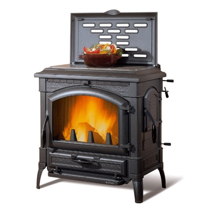 La Nordica Isotta con Cerchi Evo Holzofen aus dunklem Gusseisen, mit sichtbarem Feuer und Topplatte | Klimaworld.com
