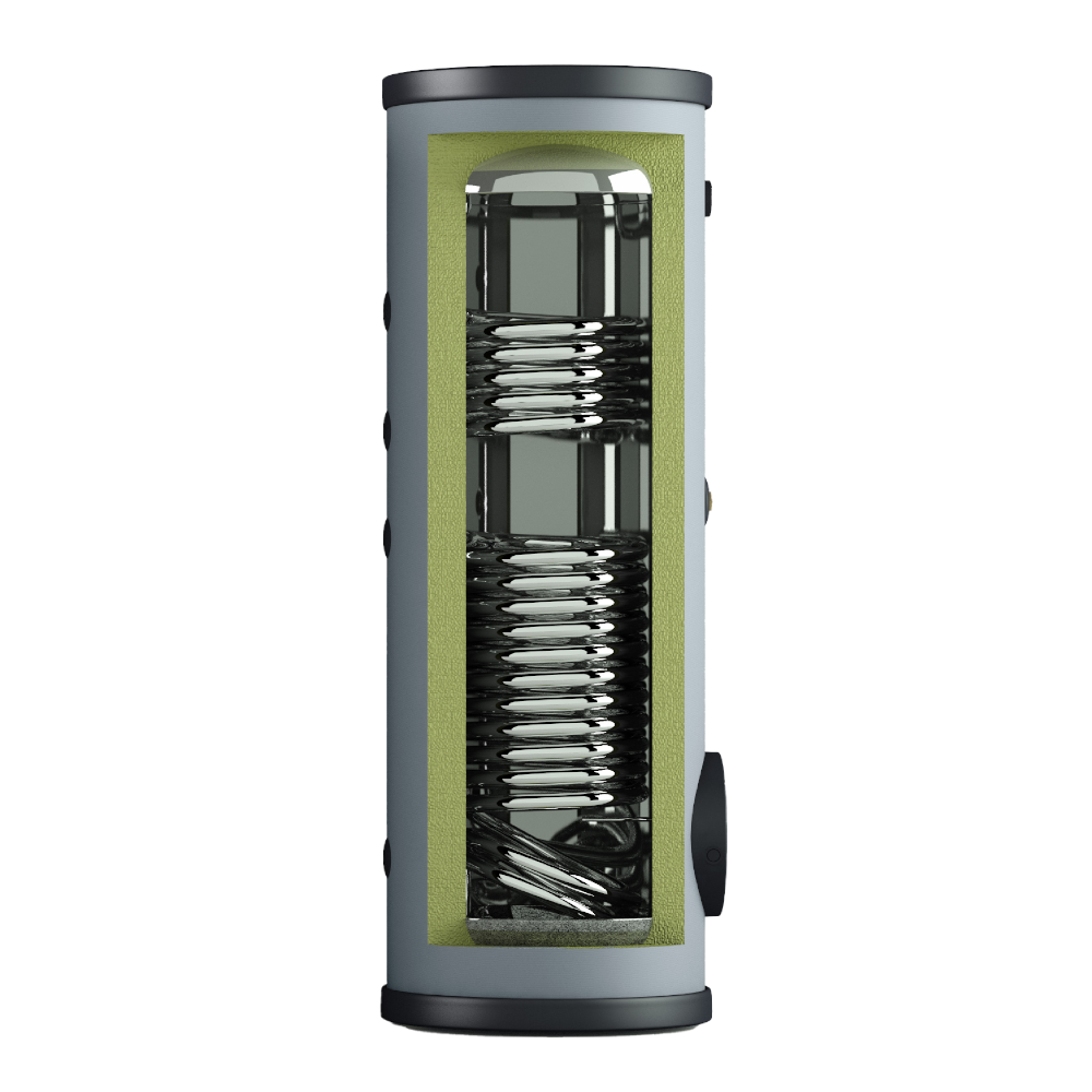 Styleboiler Edelstahlspeicher ISSWWXA 200 Liter | Einblick auf zwei Waermetauscher, seitlicher Aufschnitt mit Sicht auf die PUR Daemmung | Klimaworld.com