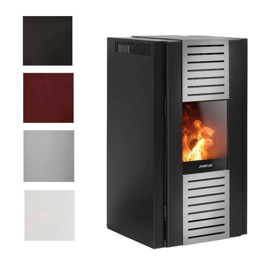 Justus schwarzer Pelletofen Sirkos Aqua 2.0 mit Flammenbild als Beispiel, Farbkacheln an der linken Seite | klimaworld.com