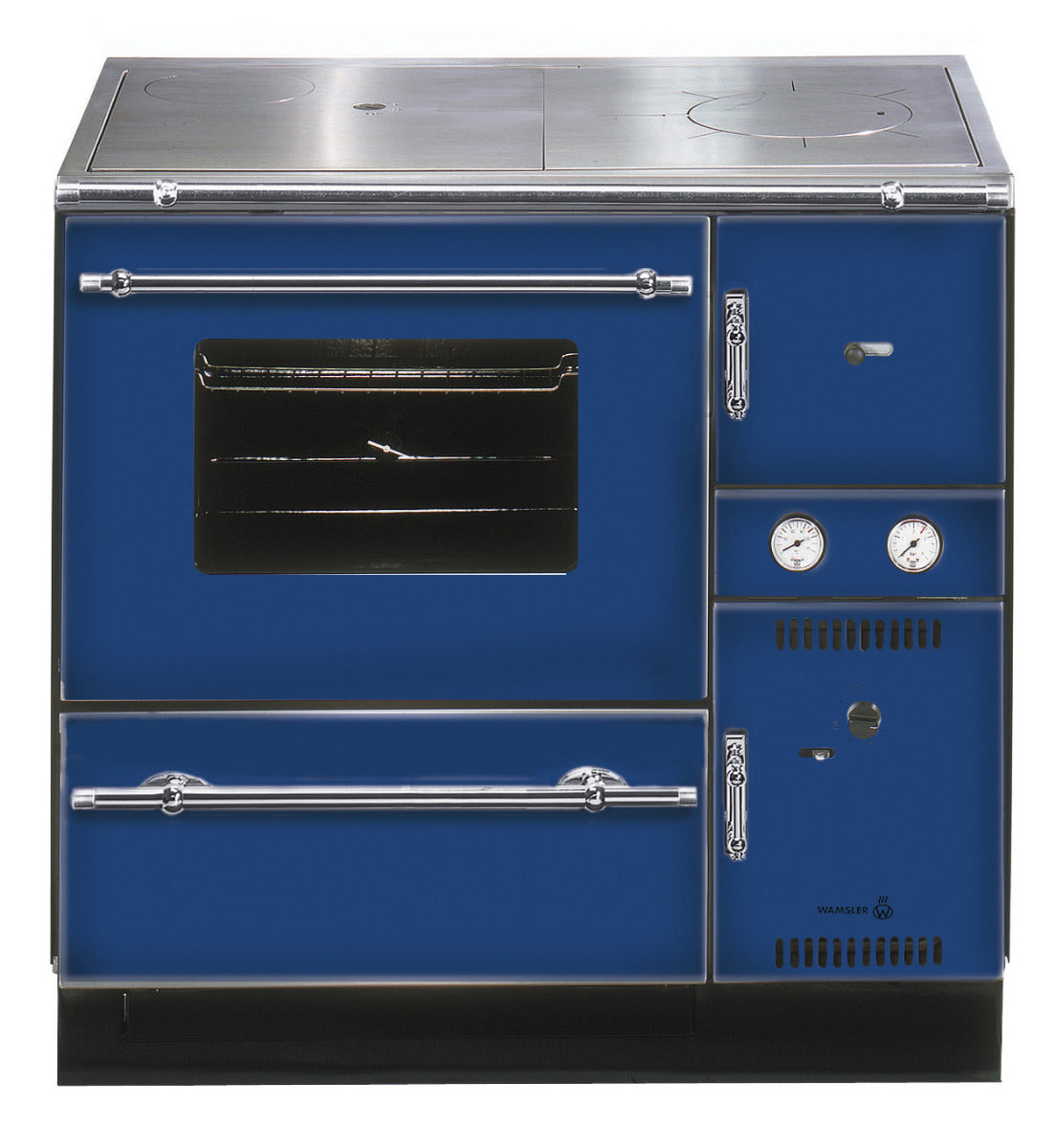 Wamsler wasserführender Küchenofen K 148 CL Stahlplatte blau Chrom, Rauchrohr links | Klimaworld.com