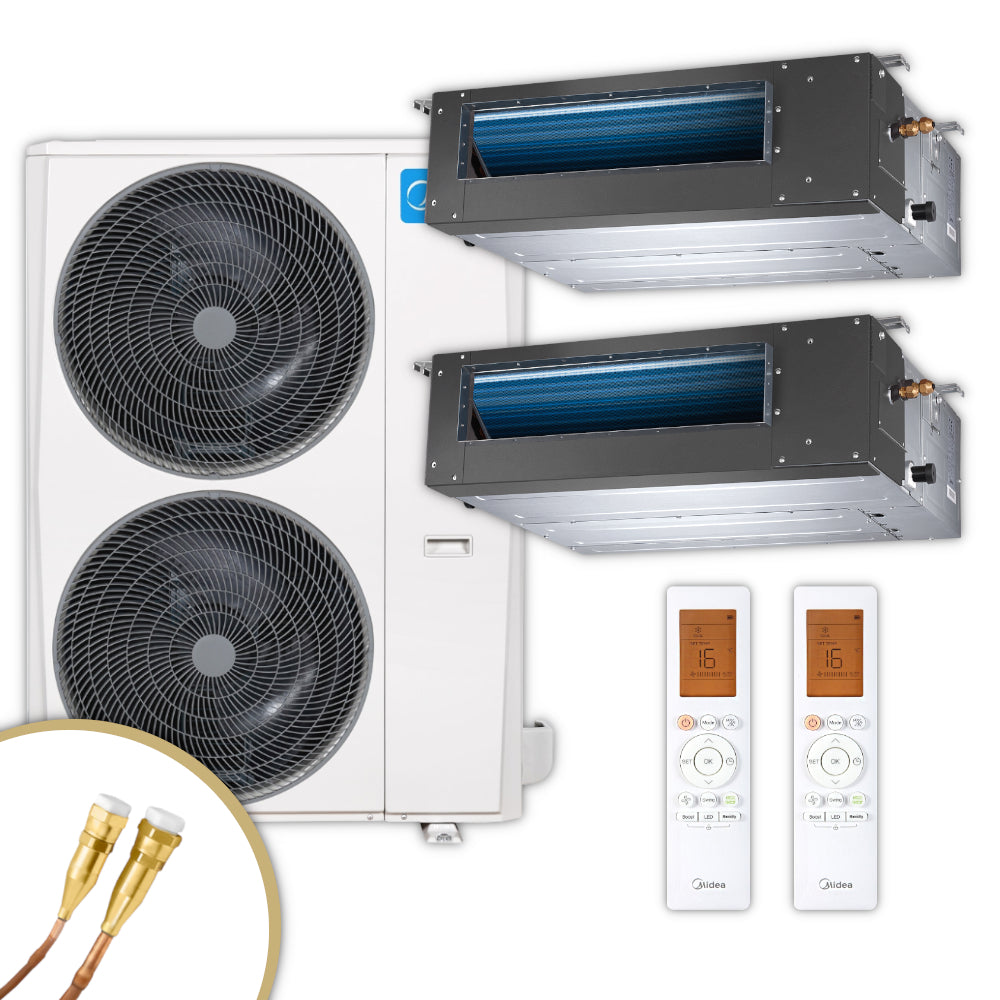 MIDEA Komplett-Set bestehend aus zwei Kanaleinbaugeraeten, einer Ausseneinheit und zwei Fernbedienungen mit Display-Beispiel 16°C | klimaworld.com