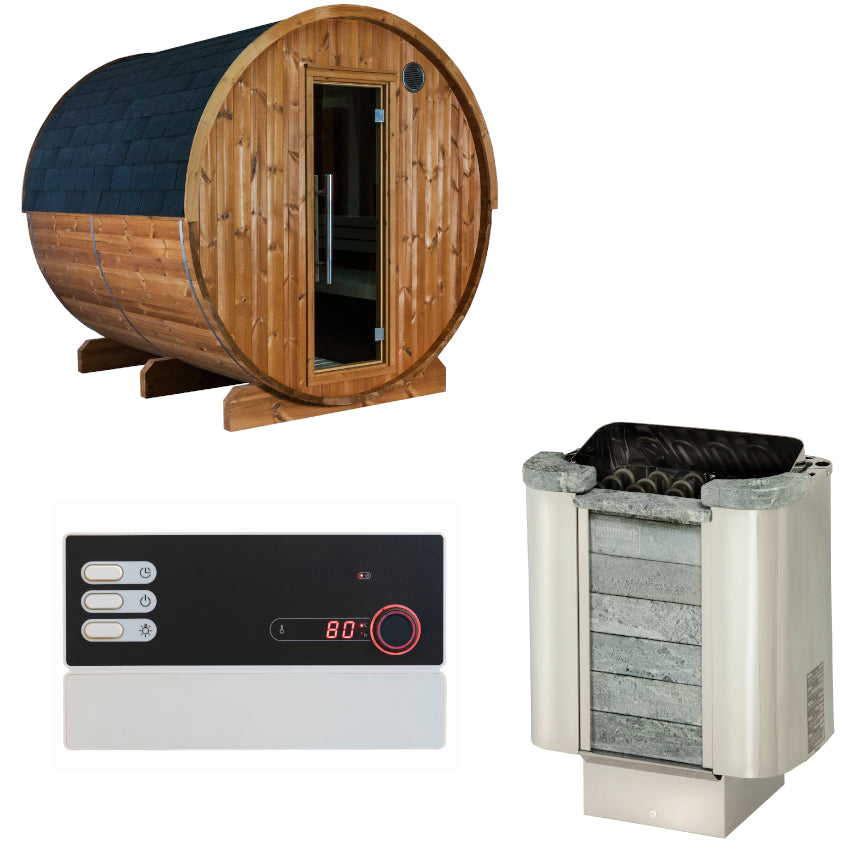Sentiotec Sauna Set Kaski 220 View mit Saunaofen Cumulus und Steuerung B2 | klimaworld.com