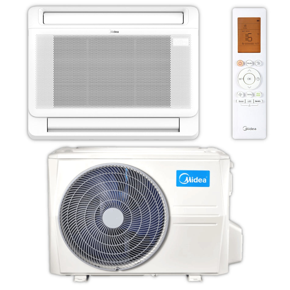Weisses MIDEA Split Klimaanlagen Truhen-Set mit Innen- und Aussengeraet sowie Infrarotfernbedienung mit Display Beispiel 16 °C | klimaworld.com