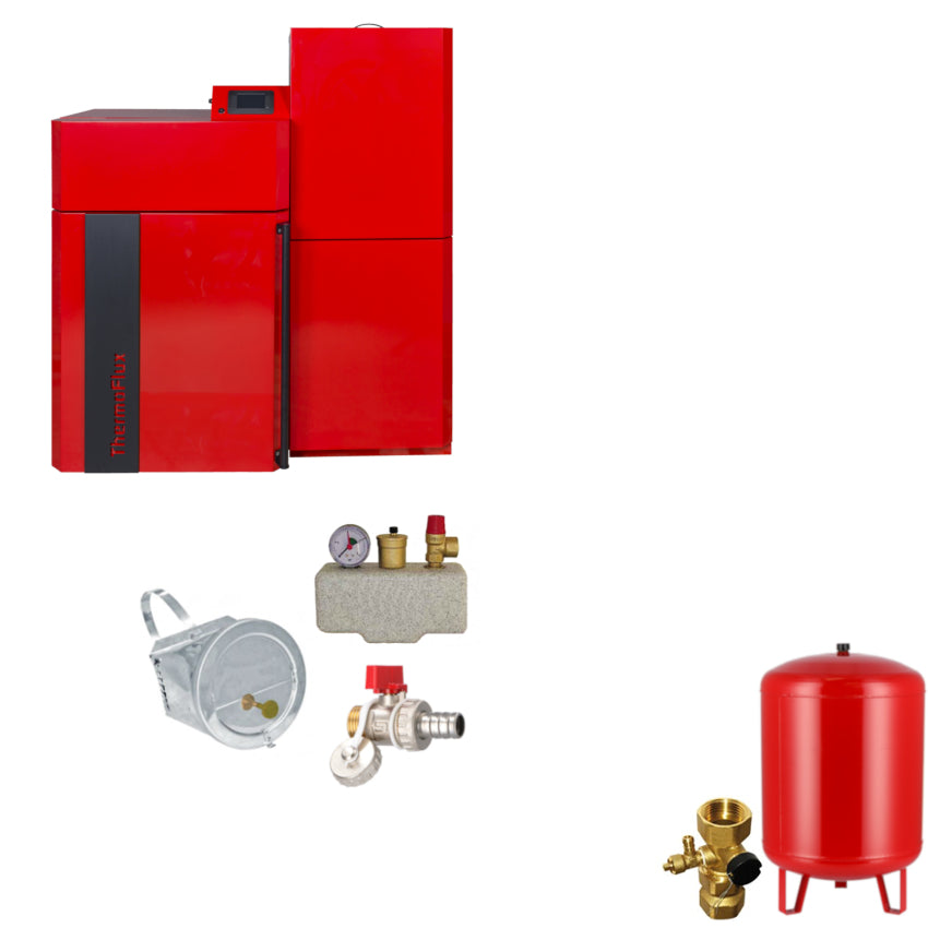 Thermoflux Pellflux Lambda Pelletkessel Set mit Zugbegrenzer, Sicherheitsgruppe, Ruecklaufanhebung, Ausdehnungsgefaess und Ventil | Klimaworld.com