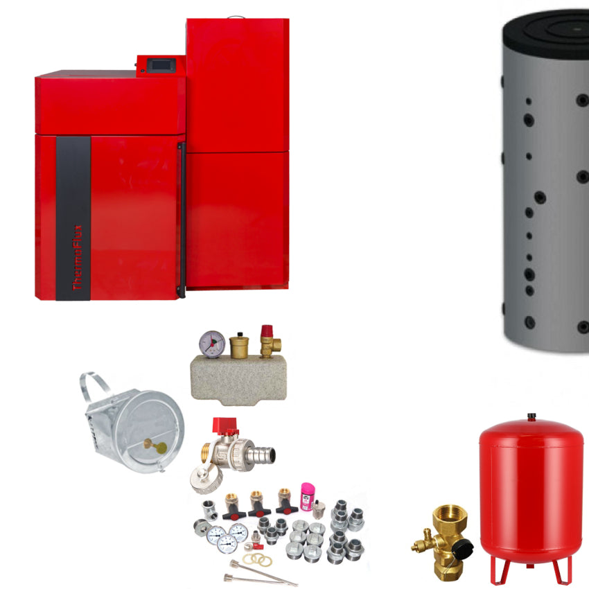 Thermoflux Pellflux Lambda Kesselset mit Pelletheizung, Pufferspeicher, Ausdehnungsgefaess, Ventilen und Anschlusszubehoer | Klimaworld.com