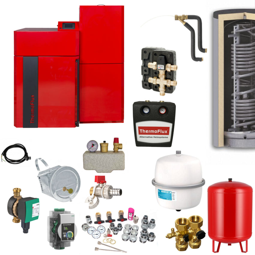 Thermoflux Pellflux Lambda 48 Heizsystem-Set mit Pelletkessel, Pufferspeicher, Pumpengruppe, Ventilen, Ausdehnungsgefaessen und Zubehoer | Klimaworld.com