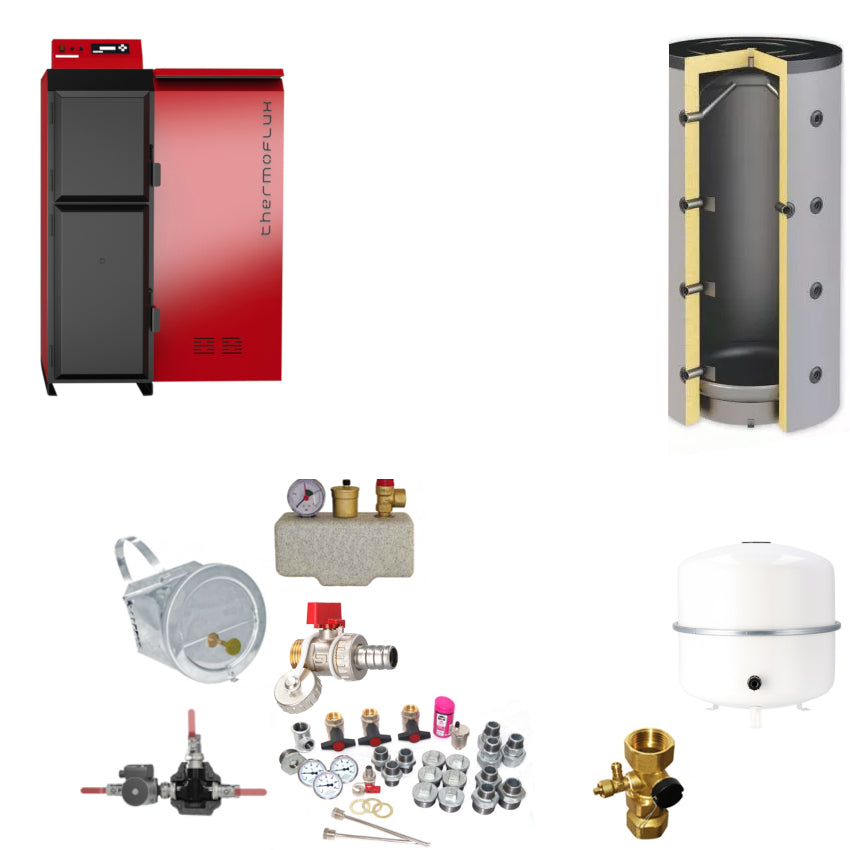 Kesselset mit Pelletheizung, Pufferspeicher, Ausdehnungsgefaess, Ventilen und Anschlusszubehoer | Klimaworld.com