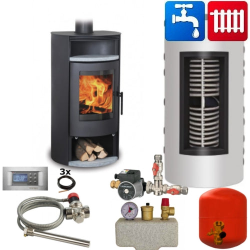 Wassergeführter Kaminofen Florida Tinjan Hydro 8 kW - komplett Set
