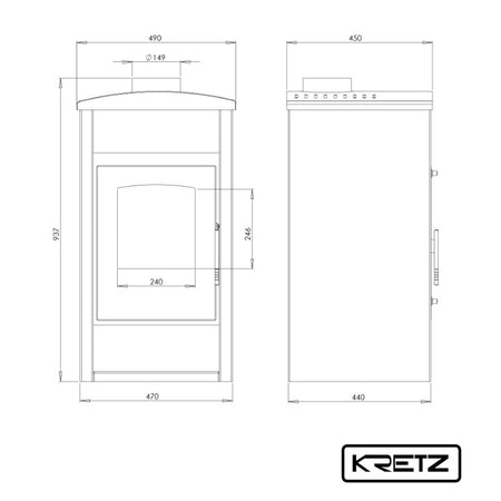 technische Zeichnung - KRETZ | Kaminofen NIKA 604 | gerade Scheibe | 8 kW