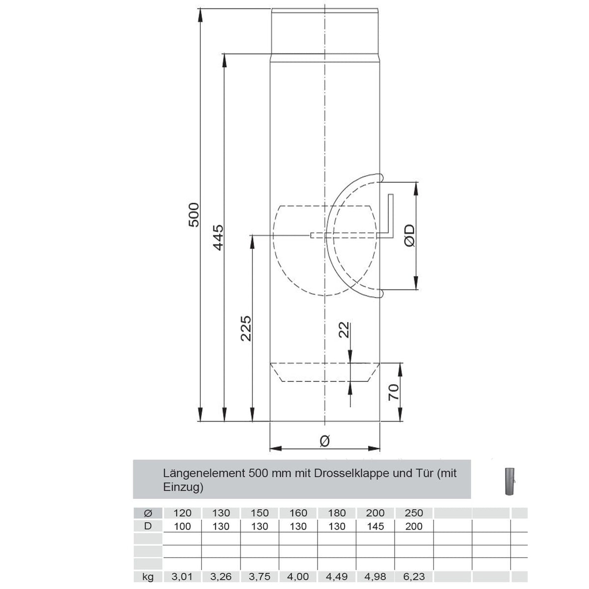 Längenelement 500mm Durchmesser 120mm mit Drosselklappe und Tür - MAßE- mit Einzug