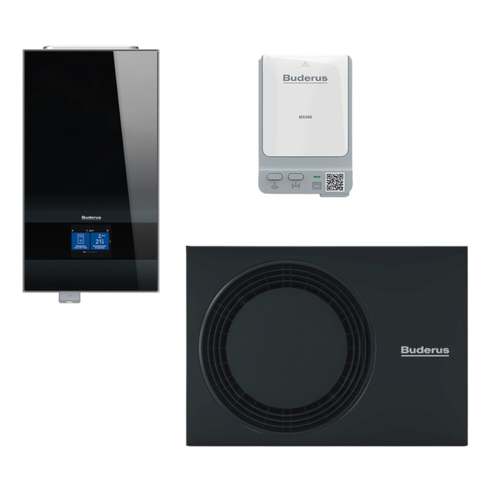 Buderus Waermepumpen-Set Logatherm M WLW186i-4 AR E | Innengeraet in Schwarz, Aussengeraet und Funkmodul | klimaworld.com