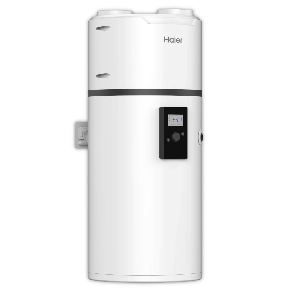 Haier Brauchwasserwaermepumpe HP80M8-9 in Weiss mit schwarzem Bedienfeld und Display vorne | Klimaworld.com