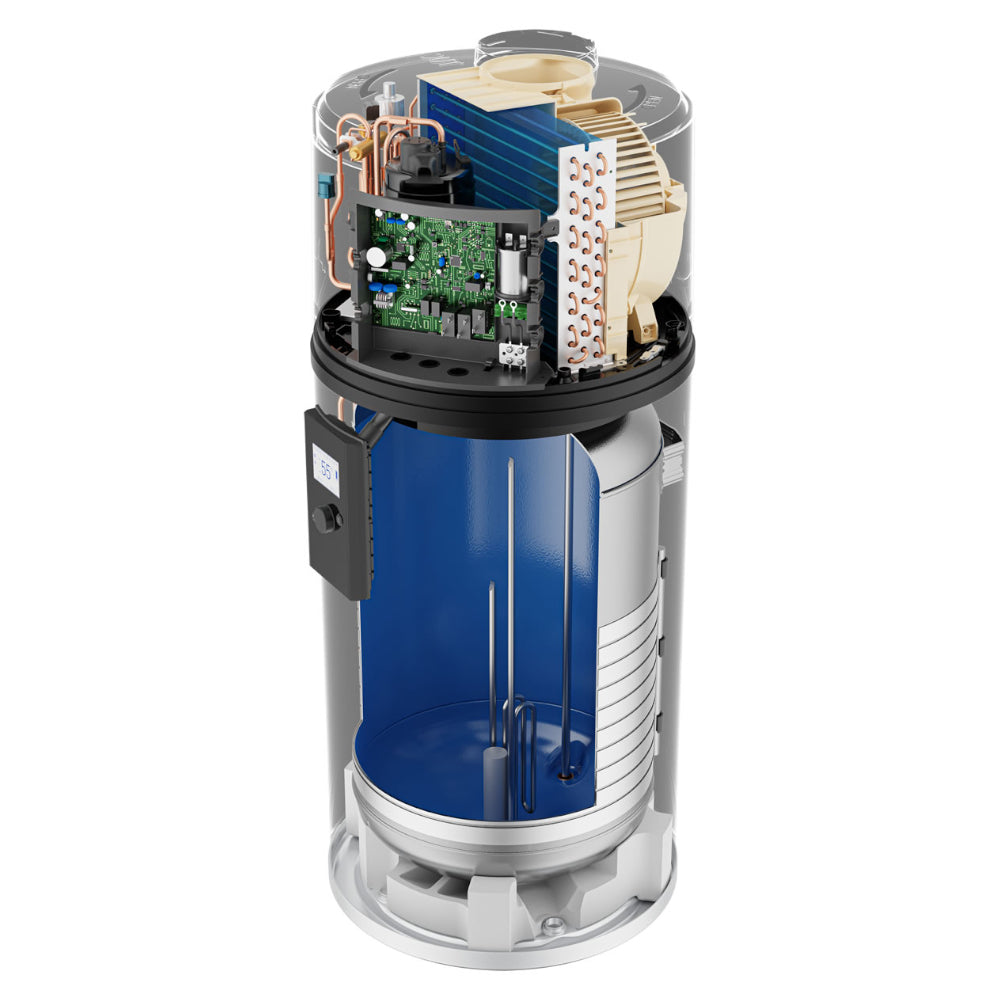 Queerschnittbild: Haier Brauchwasserwaermepumpe HP80M8-9 als transparenter Schnitt mit blauem Speicher und Kupferrohren | Klimaworld.com
