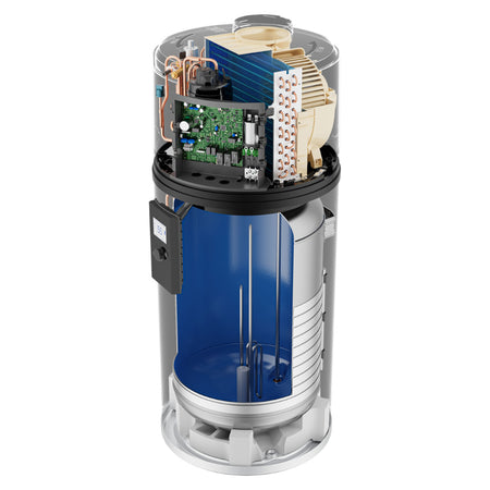Queerschnittbild: Haier Brauchwasserwaermepumpe HP80M8-9 als transparenter Schnitt mit blauem Speicher und Kupferrohren | Klimaworld.com