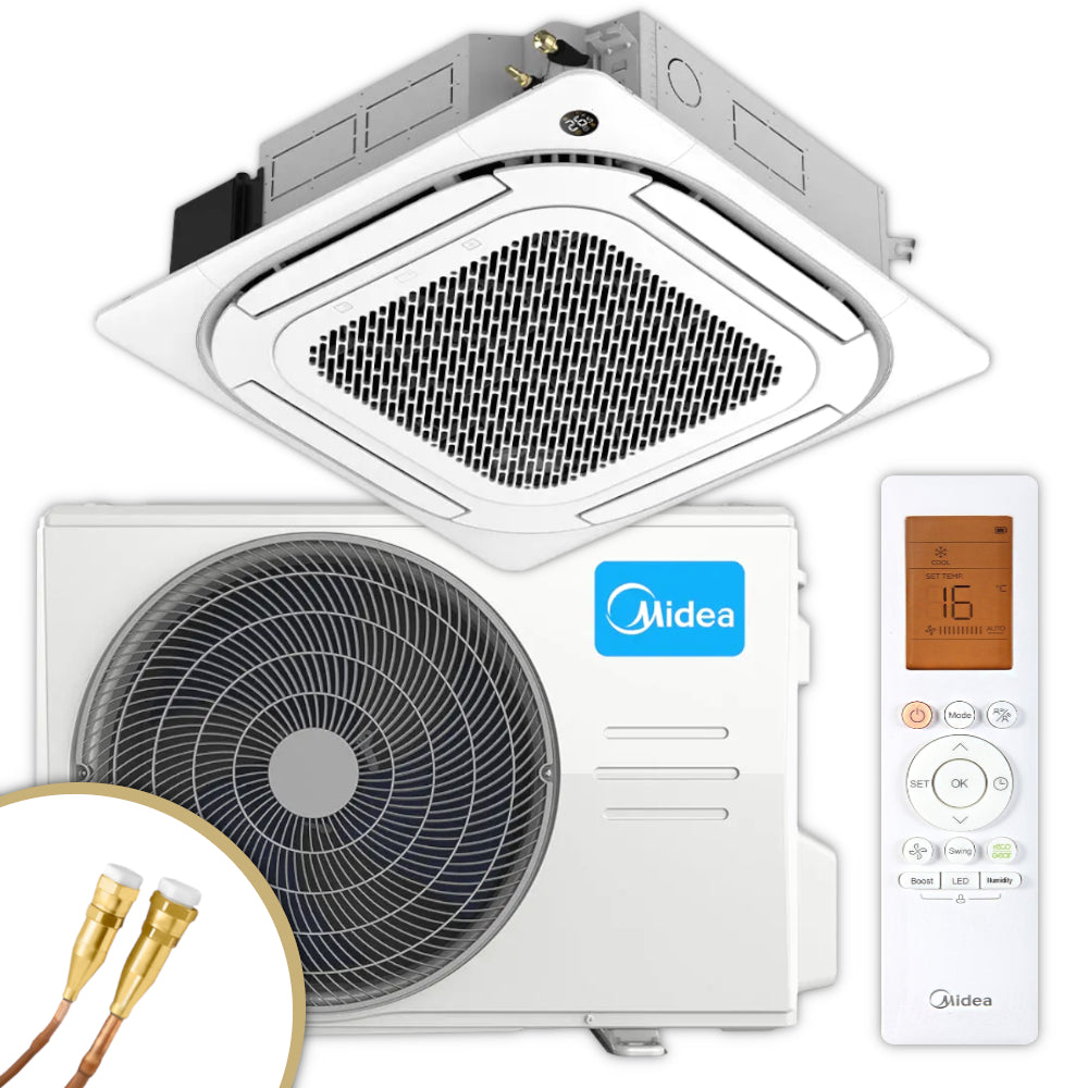 Midea 4-Wege Deckenkassetten MD-MCD2-24HRFNX(GA) mit Aussengeraet, Quick-Connect Leitungen, weisser Fernbedienung im Set gezeigt | Klimaworld.com