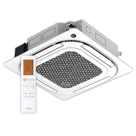 Weisse Midea 4-Wege-Deckenkassette MD-MCD2-24HRFNX(GA) mit quadratischem Luftauslass und Lamellen sowie Infrarotfernbedienung | Klimaworld.com