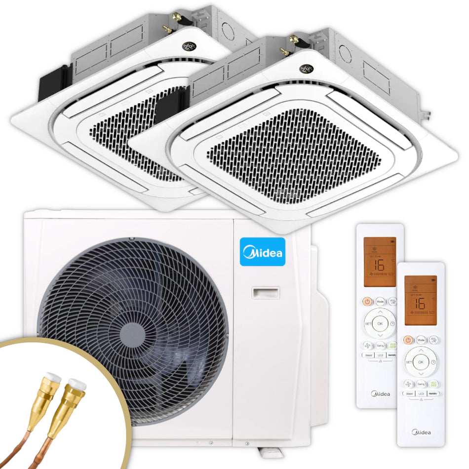 Multisplit-Set: zwei Midea Kassettengeraet MCA4U-18HRFNX(GA) mit weisser Frontblende, passender Fernbedienungen, Quick-Connect Leitungen, Aussengeraet | Klimaworld.com