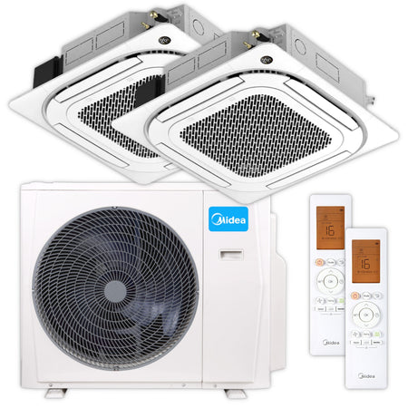 Multisplit-Set: zwei Midea Kassettengeraet MCA4U-12HRFNX(GA) mit weisser Frontblende, passender Fernbedienungen und Aussengeraet | Klimaworld.com