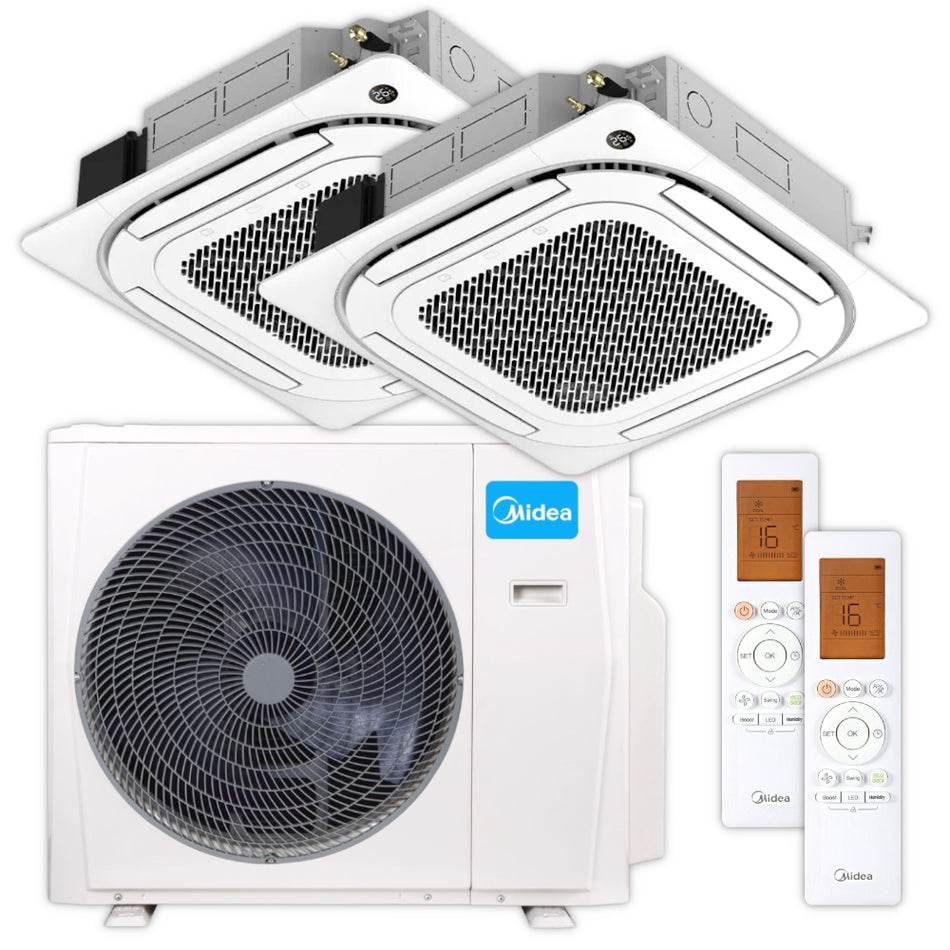 Multisplit-Set: zwei Midea Kassettengeraet MCA4U-12HRFNX(GA) mit weisser Frontblende, passender Fernbedienungen und Aussengeraet | Klimaworld.com