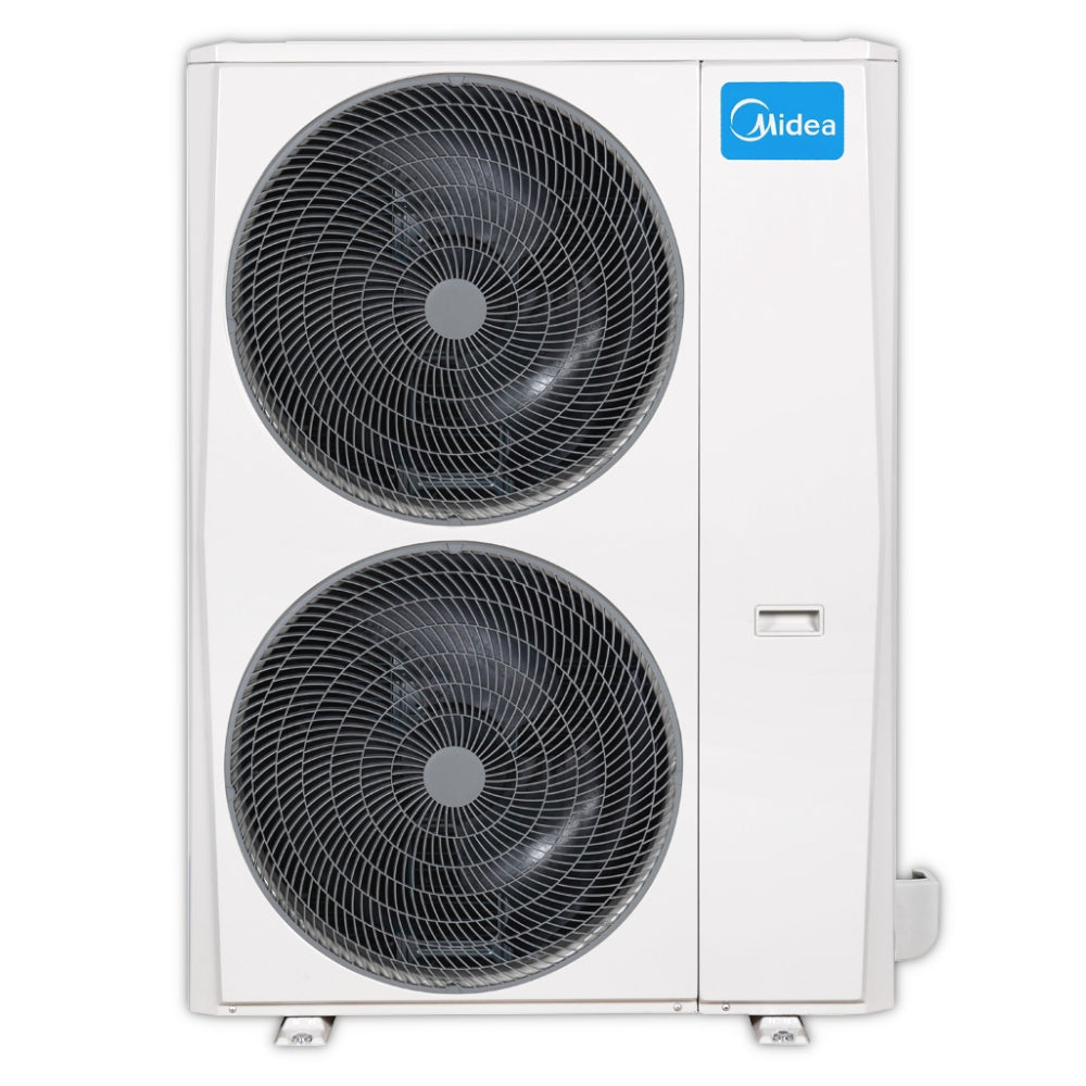 MIDEA Ausseneinheit im weissen Gehaeuse mit zwei Ventilatorgittern und Midea-Logo | klimaworld.com