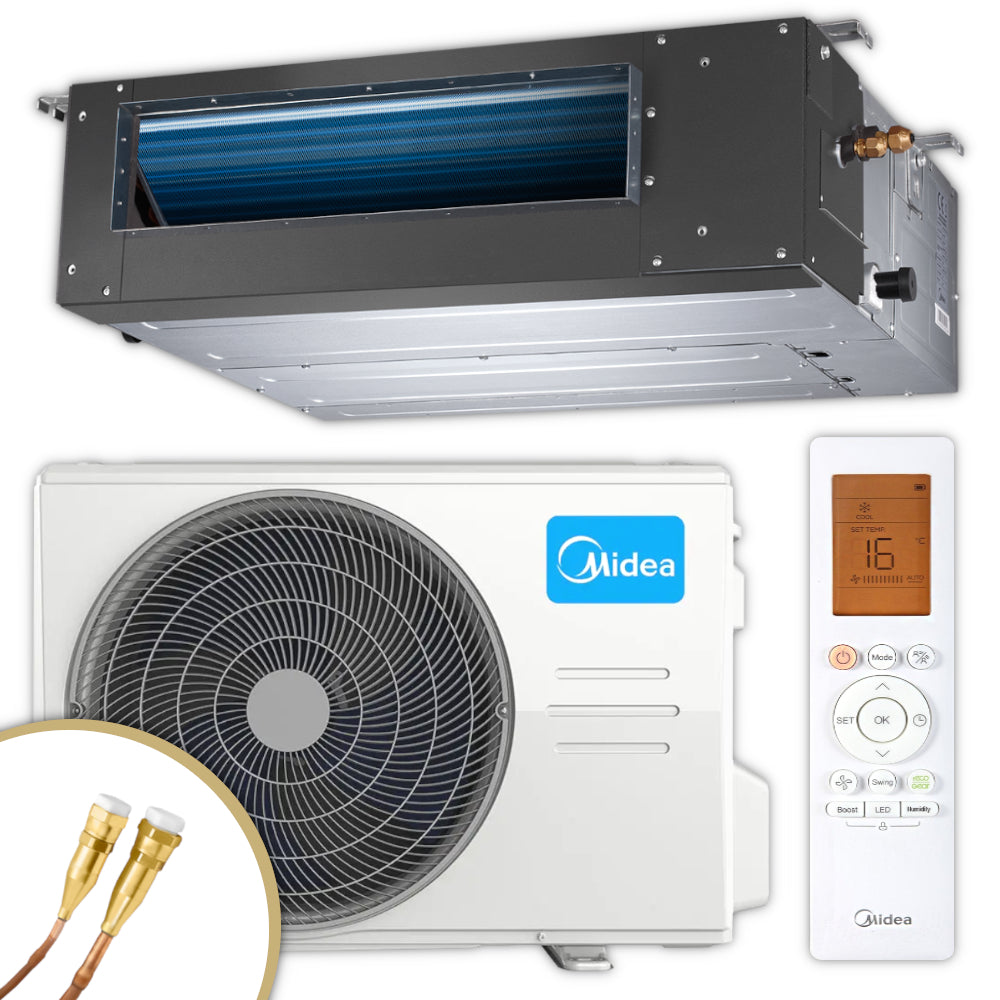 Midea Kanalklimageraet MTJ-24HWFNX(GA) im Set mit silbernem Innengeraet, weissem Aussengeraet, Quick-Connect Anschluessen, Infrarotfernbedienung | Klimaworld.com