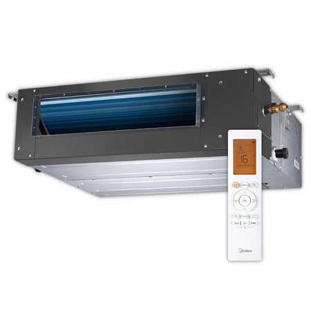 Midea Kanalklimageraet MTJ-55HWFNX(GA) mit silbernem Gehaeuse, blauem Lamellenfilter und weisser Fernbedienung mit beleuchtetem Display | Klimaworld.com