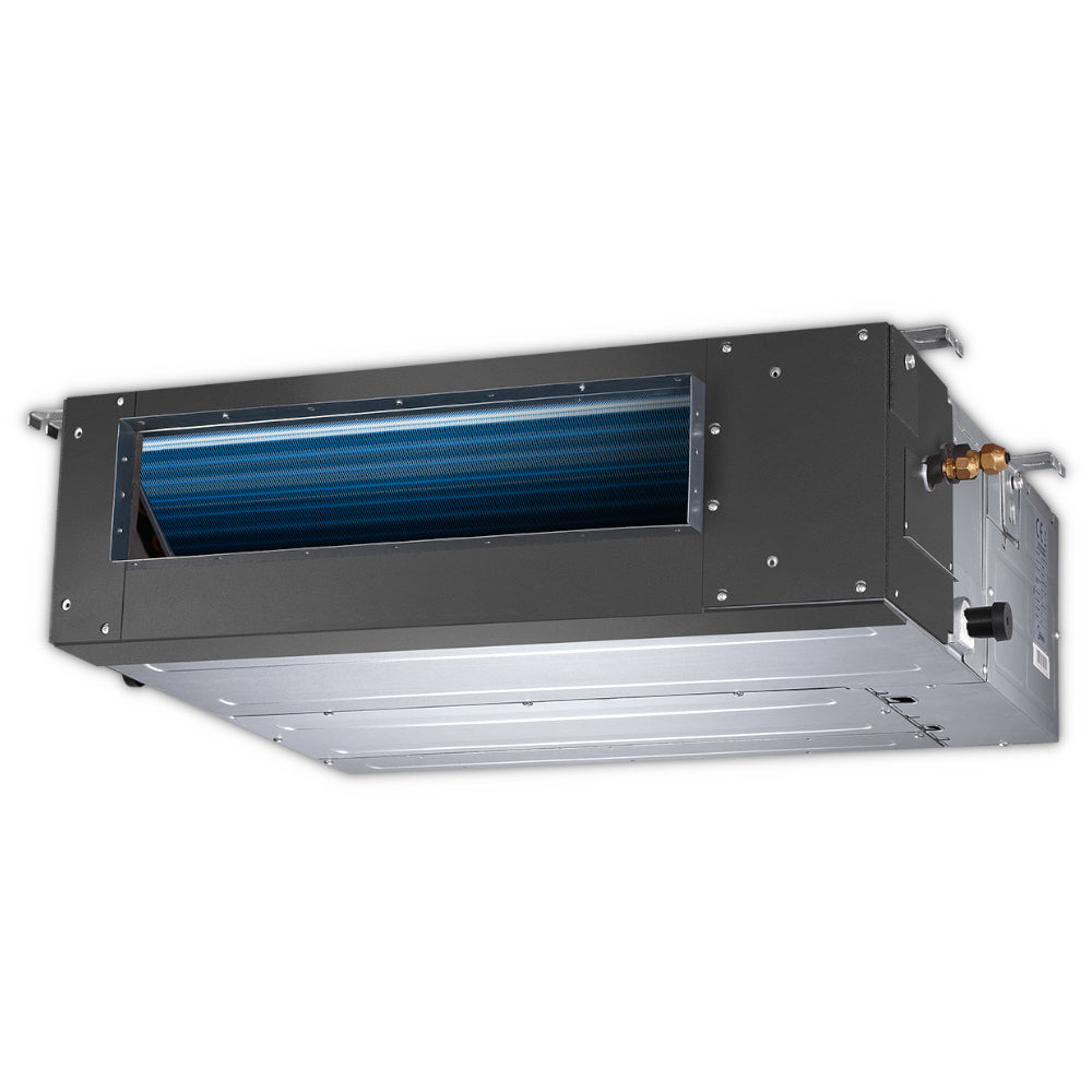 Schlankes Midea Kanalklimageraet MTJ-18HWFNX(GA) in silber-grauem Metallgehaeuse mit sichtbarem blauen Lamellenfilter | Klimaworld.com