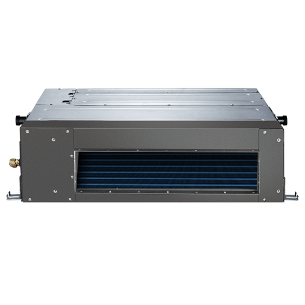 Midea Kanalklimageraet MTJ-55HWFNX(GA) mit rechteckigem Luftauslass und blauer Lamellenstruktur im grauen Metallgehaeuse | Klimaworld.com