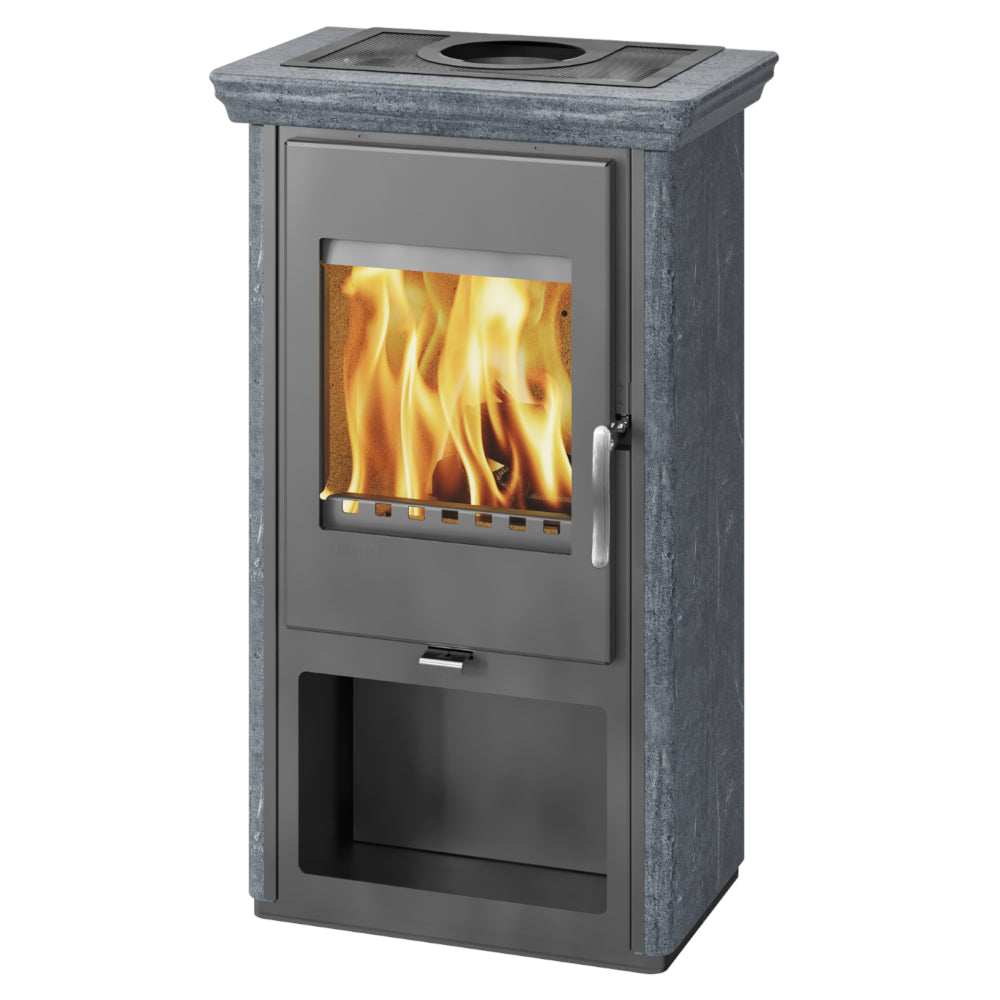 Thorma Kaminofen ODENSE 6 kW | Selbstschließende Tür | Grau mit Serpentinoptik | www.klimaworld.com