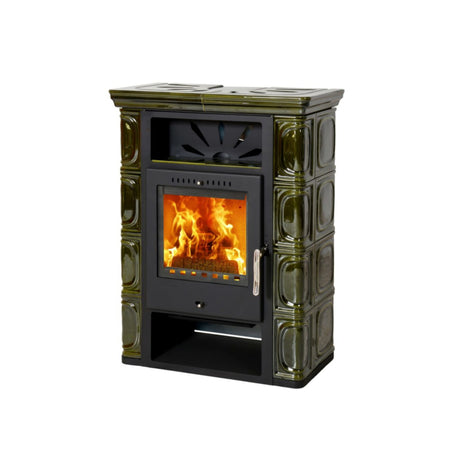 THORMA Kaminofen BORGHOLM black/TOP mit schwarzer Front, olivgrüner Keramikseiten, Glasfeuerraum | Klimaworld.com