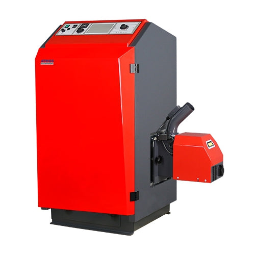 Roter Atmos P21 Pelletkessel mit Brenner an der rechten anthrazitfarbenen Seite | klimaworld.com