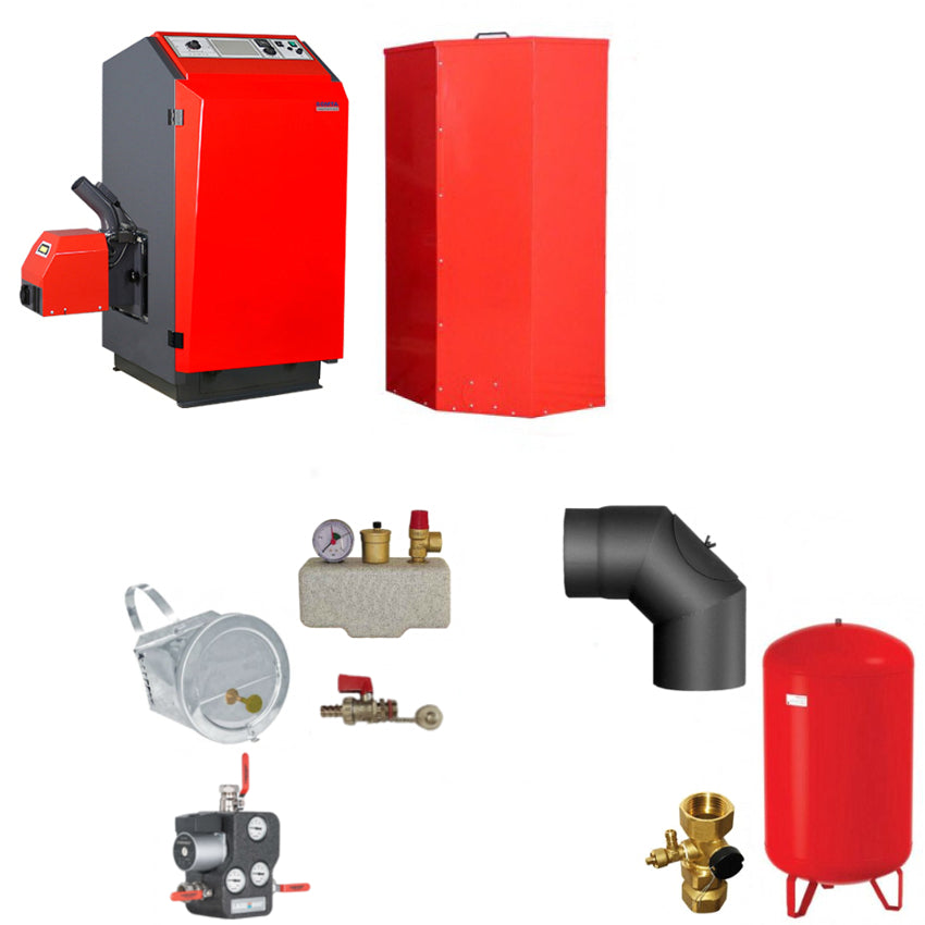 Pelletkessel Set mit Zugbegrenzer, Sicherheitsgruppe, Ruecklaufanhebung, Ausdehnungsgefaess und Ventil | Klimaworld.com