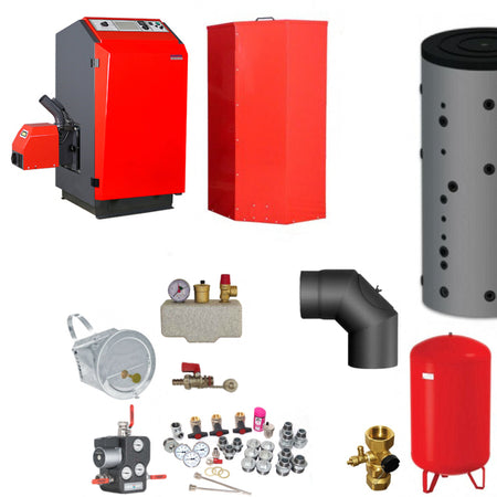 Kesselset mit Pelletheizung, Pufferspeicher, Ausdehnungsgefaess, Ventilen und Anschlusszubehoer | Klimaworld.com