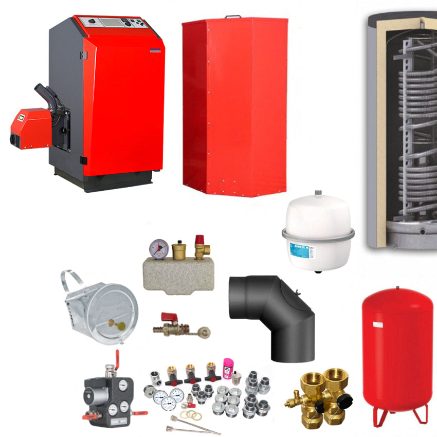 Heizungsset mit Pelletheizung, Hygienespeicher, Ausdehnungsgefaessen, Ventilen, Pumpen und Montagematerial | Klimaworld.com