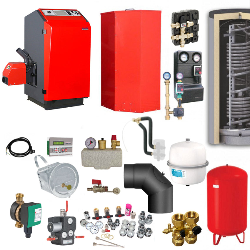 Heizsystem-Set mit Pelletkessel, Pufferspeicher, Pumpengruppe, Ventilen, Ausdehnungsgefaessen und Zubehoer | Klimaworld.com