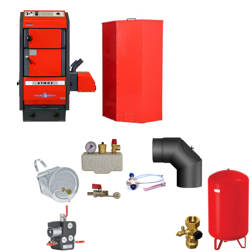 Pelletkessel Set mit Zugbegrenzer, Sicherheitsgruppe, Ruecklaufanhebung, Ausdehnungsgefaess und Ventil | Klimaworld.com