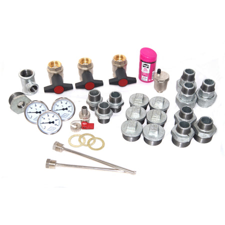 Pufferanschlussset mit Ventilen, Manometern, Verschraubungen, Dichtungen und Entluefter zur Installation von Pufferspeichern | Klimaworld.com