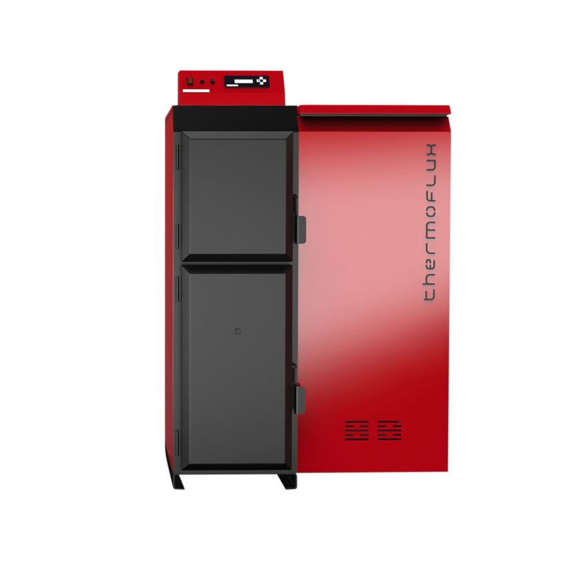 ThermoFlux Pelling Pelletkessel in Rot-Schwarz mit seitlichem Schriftzug und zwei Fronttüren aus Metall | Klimaworld.com
