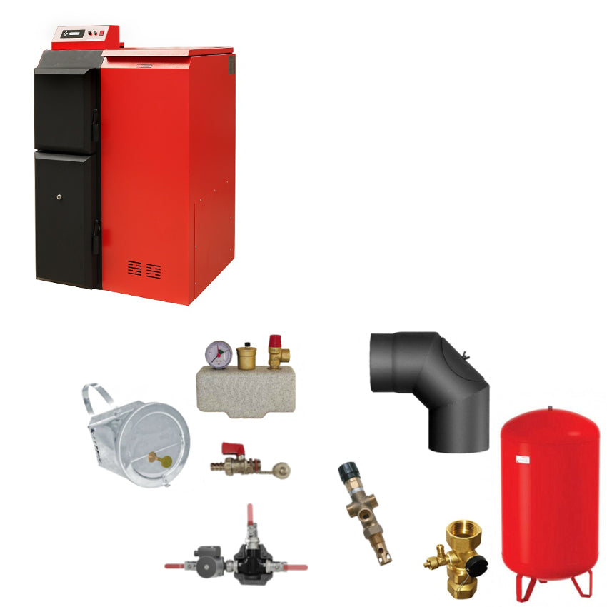 ThermoFlux Pelling 50 ECO Pelletkessel Set mit Zugbegrenzer, Sicherheitsgruppe, Ruecklaufanhebung, Ausdehnungsgefaess und Ventil | Klimaworld.com